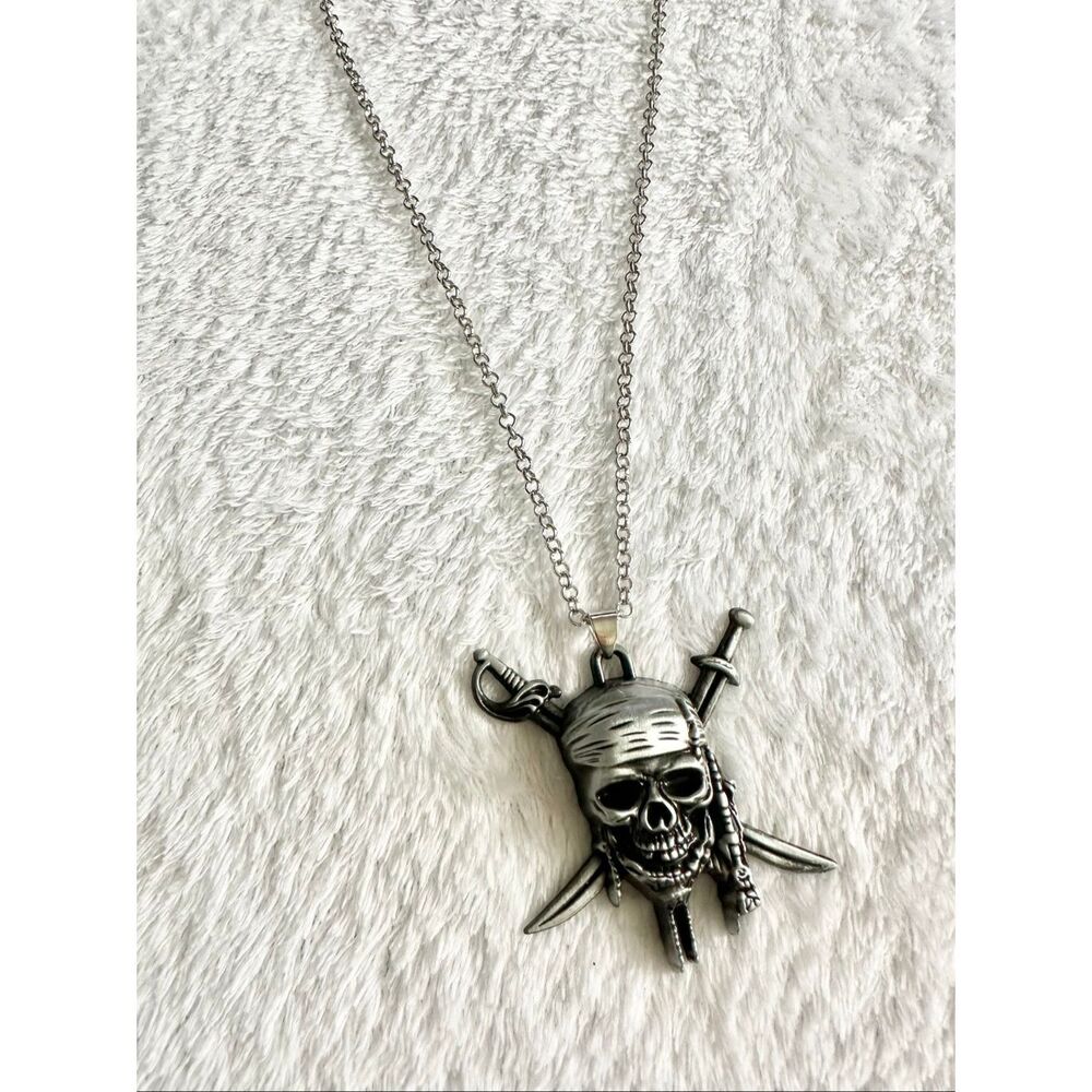 Jack Sparrow Inspired Silver Pirate Skull & Crossed Swords Necklace
